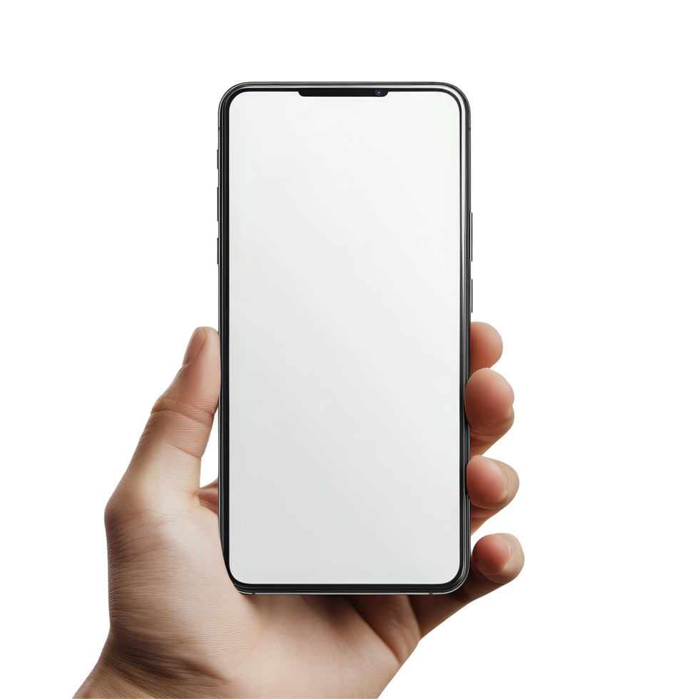 Modern smartphone screen mockup held in hand against a bright background for design presentations, Mobile phone mockups, smartphone screen mock up frame in hand isolated on transparent background png
