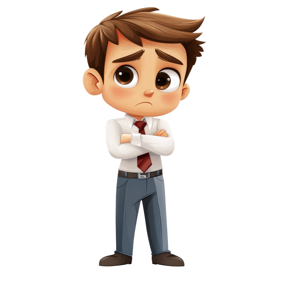Little business man clipart illustration expressing concern with a neutral background in an office setting, little business man illustrationisolated on transparent background png
