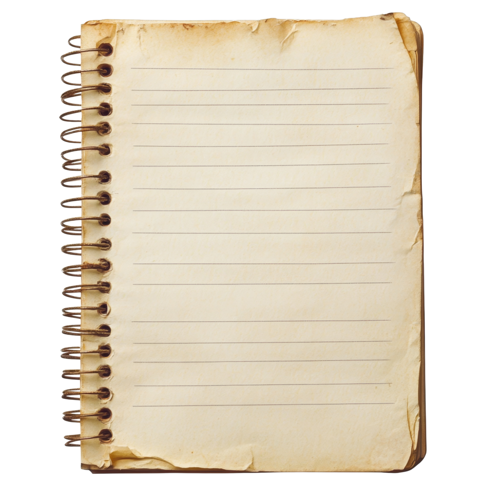 Striped notebook paper with spiral binding placed on a clean transparent background for writing and creativity activities, striped notebook paper on isolated on transparent background png