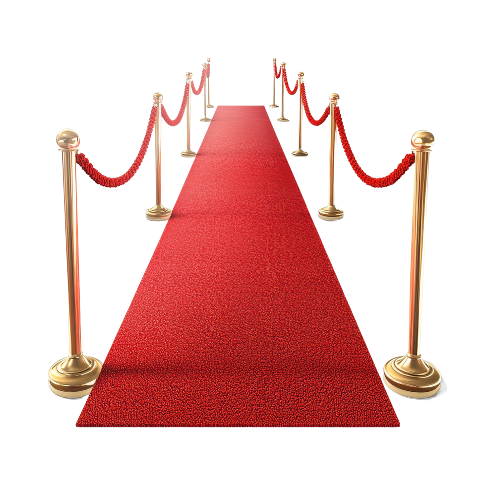 Red carpet with velvet ropes and golden stanchions in an isolated area for events or ceremonies, red carpet, file of isolated object with shadow on transparent background png