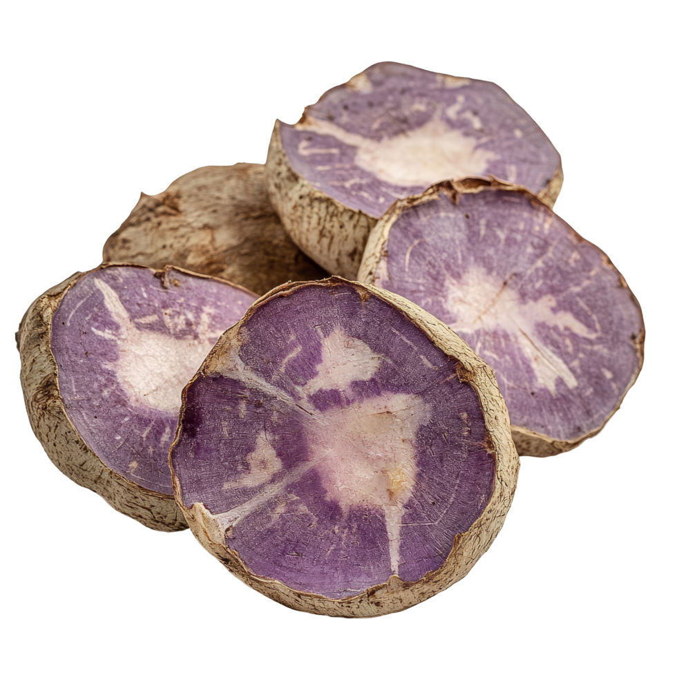 Freshly sliced taro root showcasing its vibrant purple interior against a clean transparent background, taro slice on transparent background png