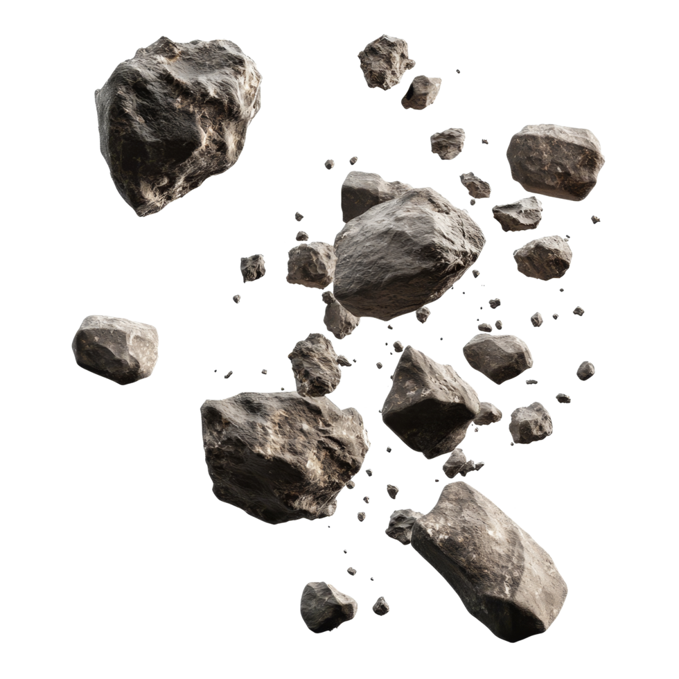 Flying asteroids isolated against a plain background illustrating celestial bodies in motion, flying asteroids isolated png