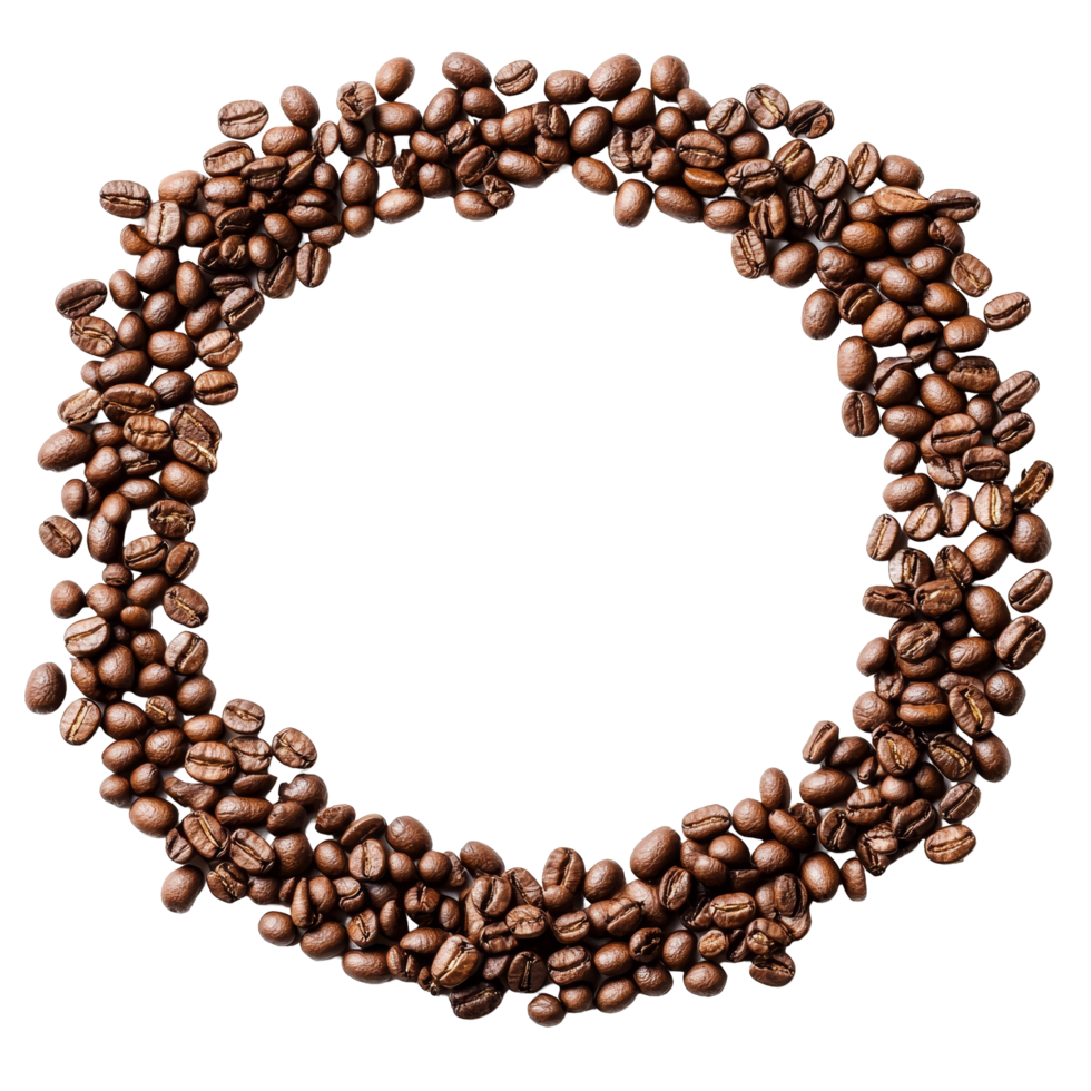 Coffee beans arranged in a circular pattern creating an empty space against a clean transparent background, Coffee beans with round copyspace against transparent background png