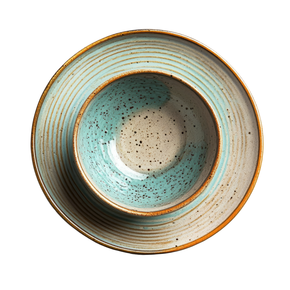 Elegant ceramic plate and bowl set with a calming turquoise hue displayed on a clean transparent background, ceramic plate and bowl on transparent background png