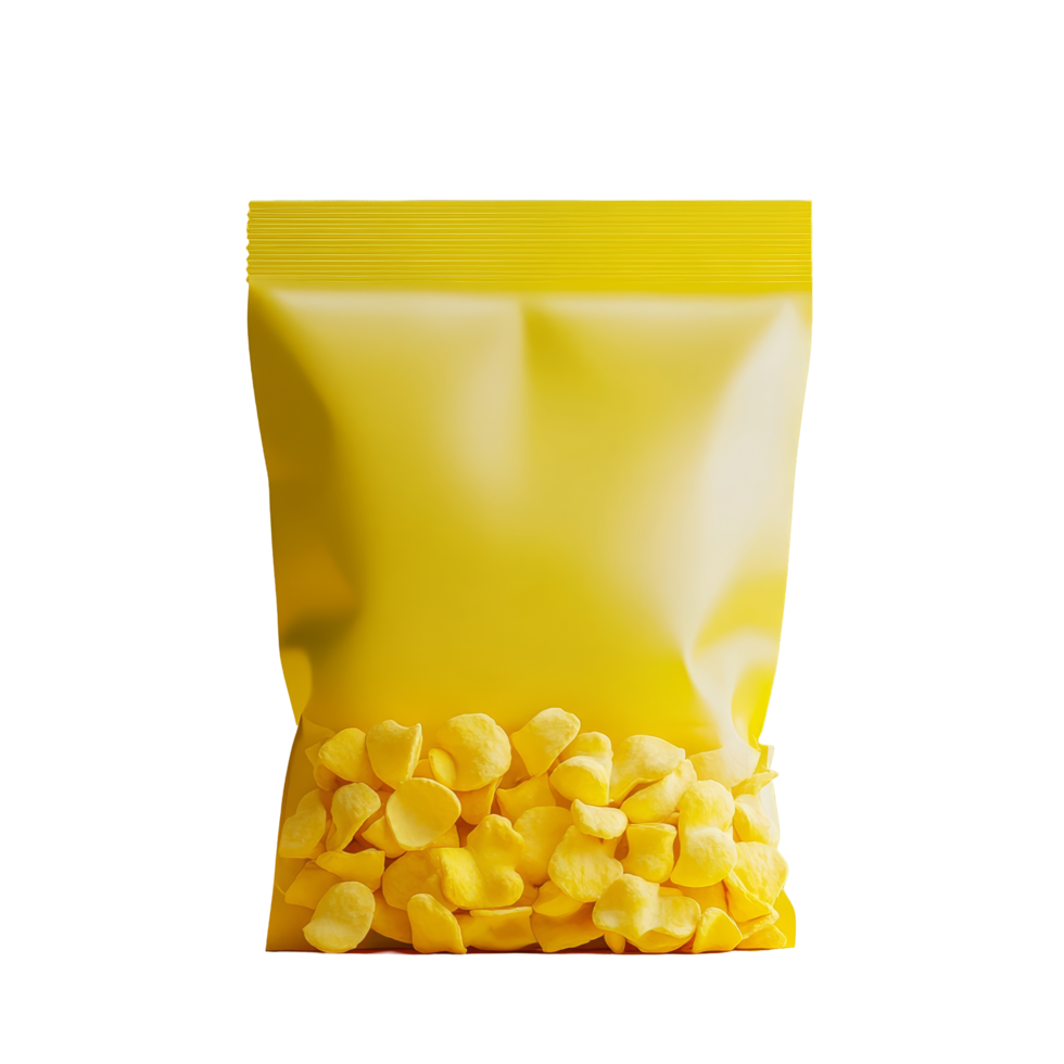 Bright yellow snack packaging with a clear view of snacks inside on a plain yellow background, Yellow color snack packaging isolated png