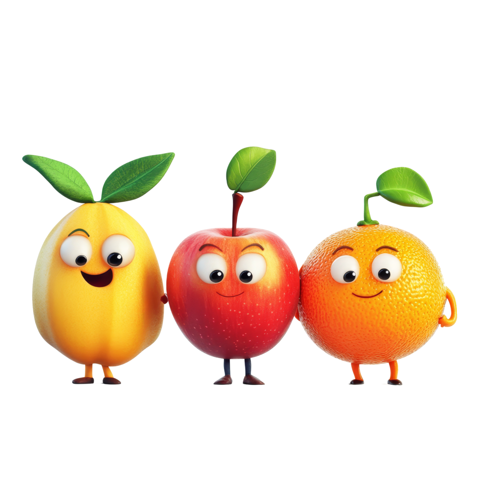 Cheerful fruit characters of banana, apple, and orange standing together on a bright transparent background, Fruit Characters Banana, Apple, Orange on transparent background png