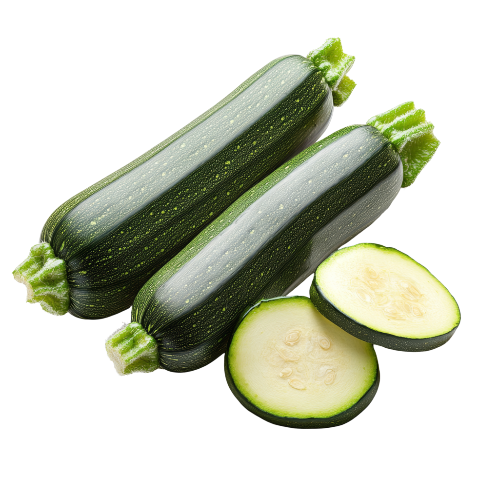 Fresh green zucchini with sliced pieces on a clean transparent background showcasing vibrant colors and textures, green zucchini with slice isolated on transparent background png