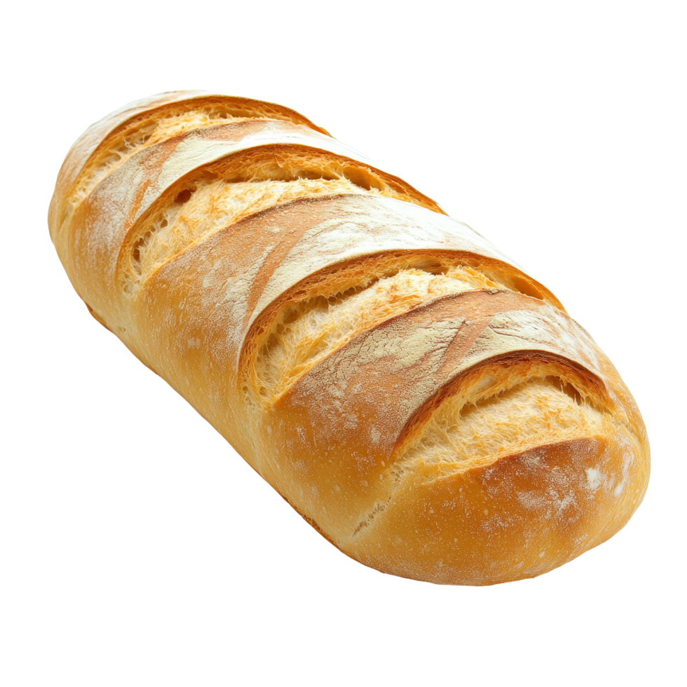 Freshly baked artisan bread on a transparent background showcasing its golden crust and loaf shape, bread isolated on transparent background png