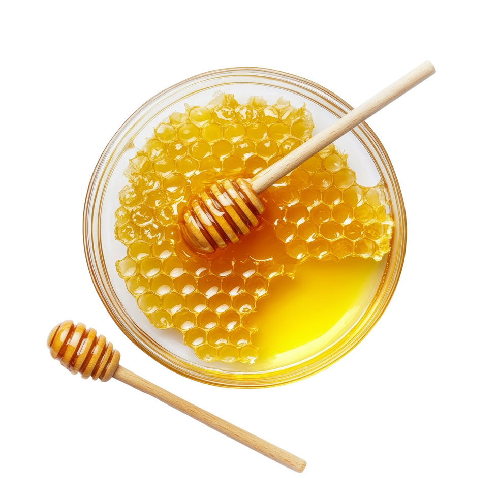 Golden honey in a petri dish with honeycomb over a transparent background for culinary use and presentation, Honey in petri dish over transparent background flat lay png