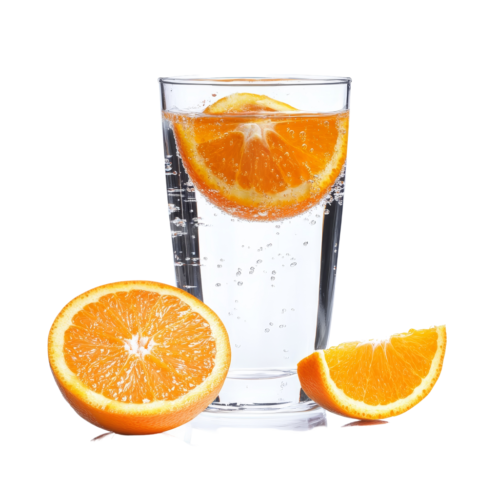 Refreshing glass of sparkling water with fresh orange slices on a bright transparent background, Glass of water with orange fruit on transparent background png