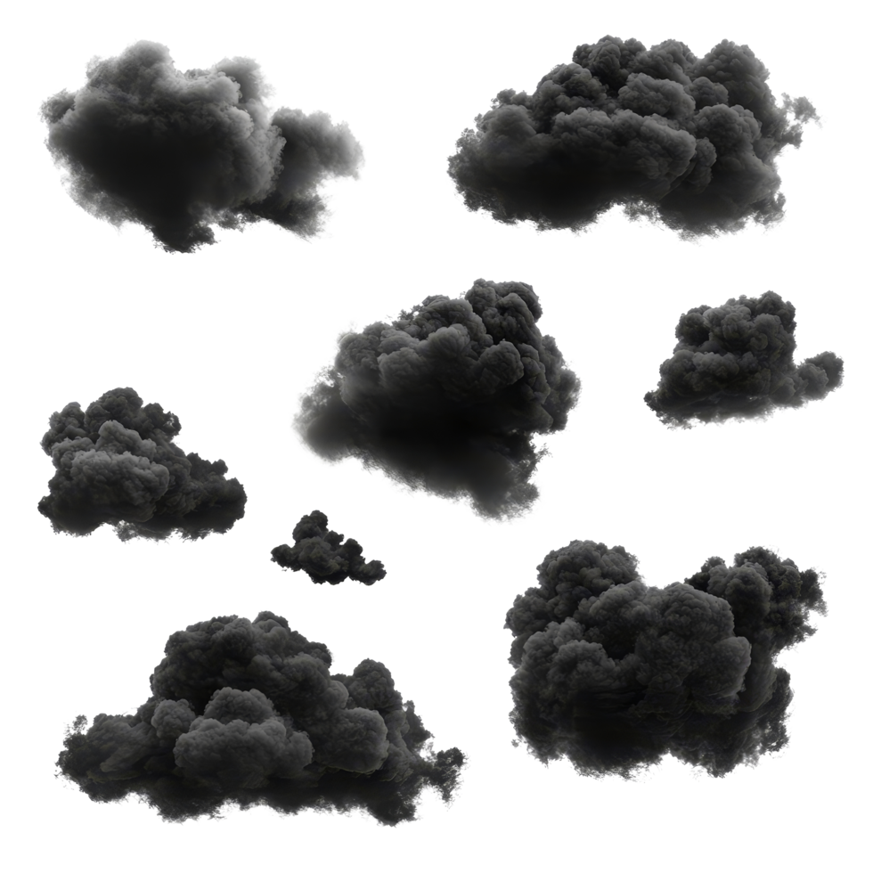Black clouds against a transparent background showcasing texture and variations in shape and density, Black clouds isolated on transparent background png