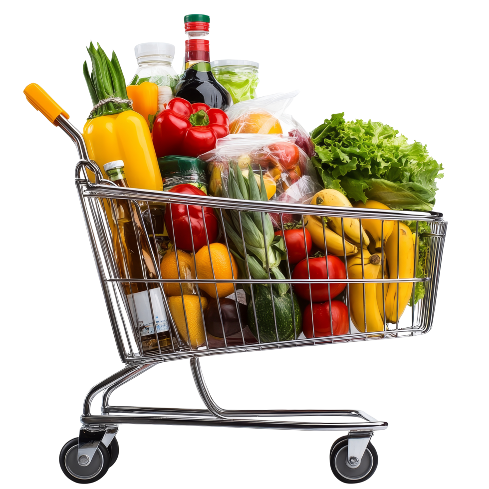 A shopping cart filled with fresh groceries including fruits, vegetables, and beverages in a market setting, file no background Shopping cart full of groceries png