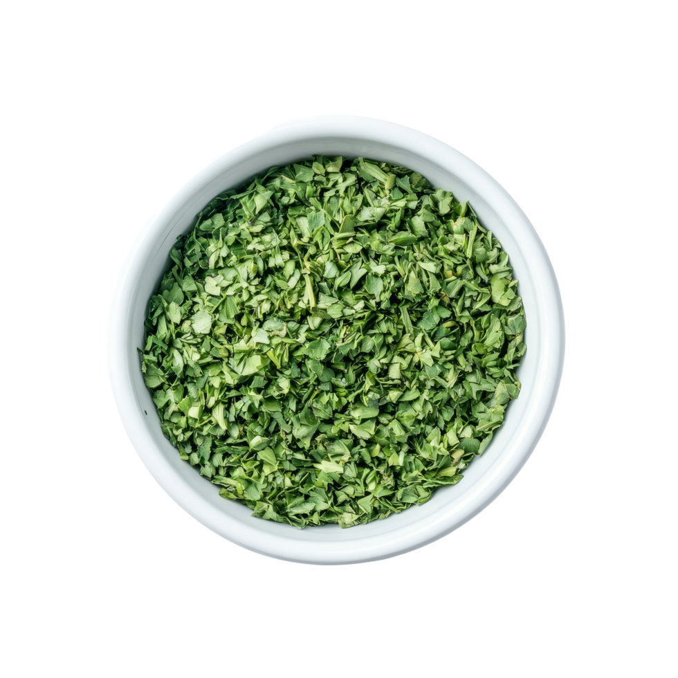 Dried parsley in a transparent bowl on a transparent background showcasing its vibrant green color and texture, Dried parsley in a transparent bowl on transparent background png