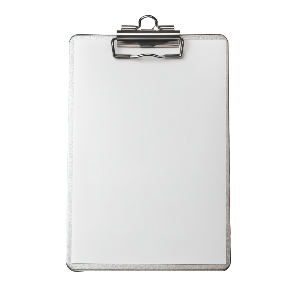 A silver clipboard with a clip on top for securing papers resting on a smooth light gray surface, Brown clipboard with clip at the top for papers png
