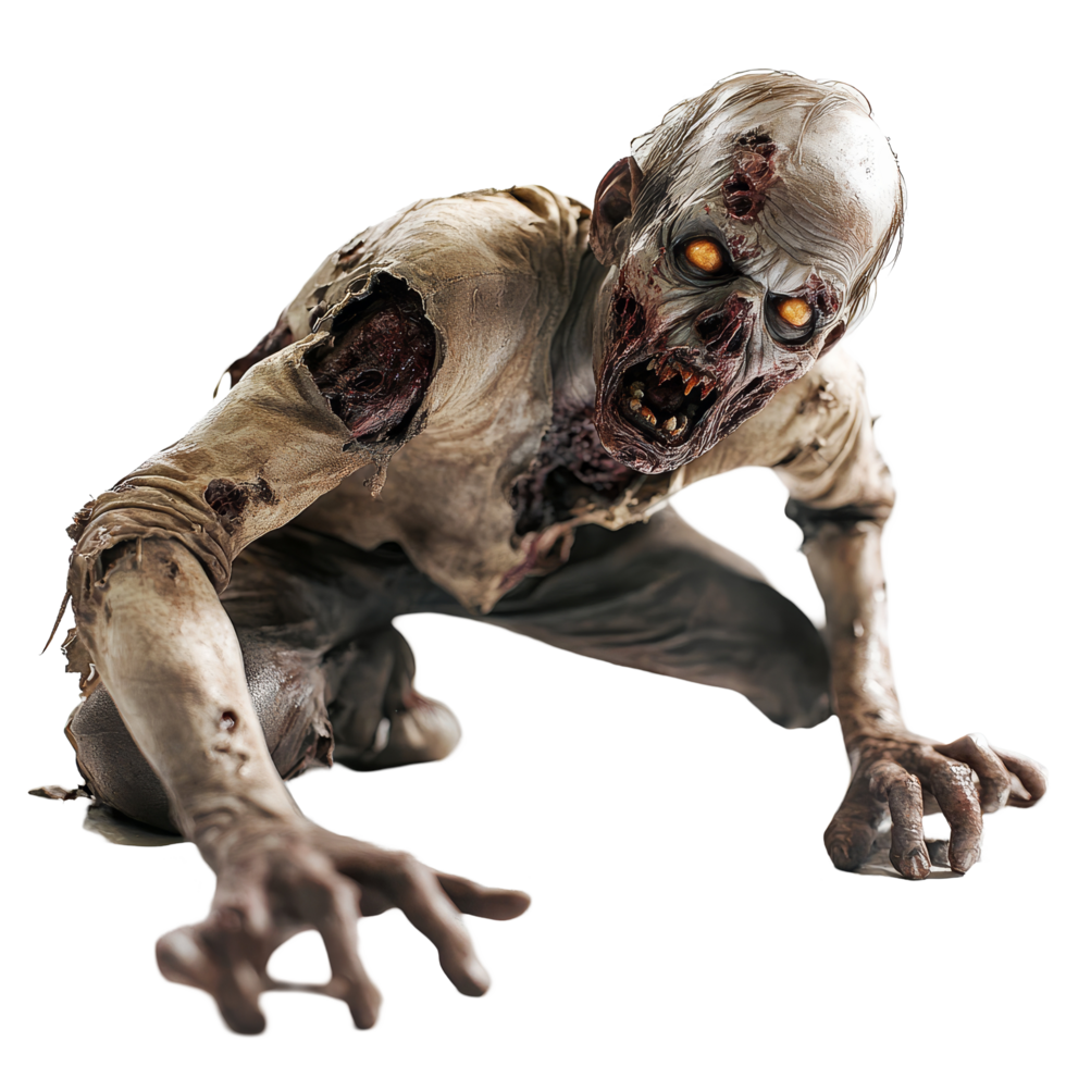 A crawling zombie with decayed features and glowing eyes on a transparent background, showcasing eerie details and haunting characteristics, Crawling Zombie on transparent background png