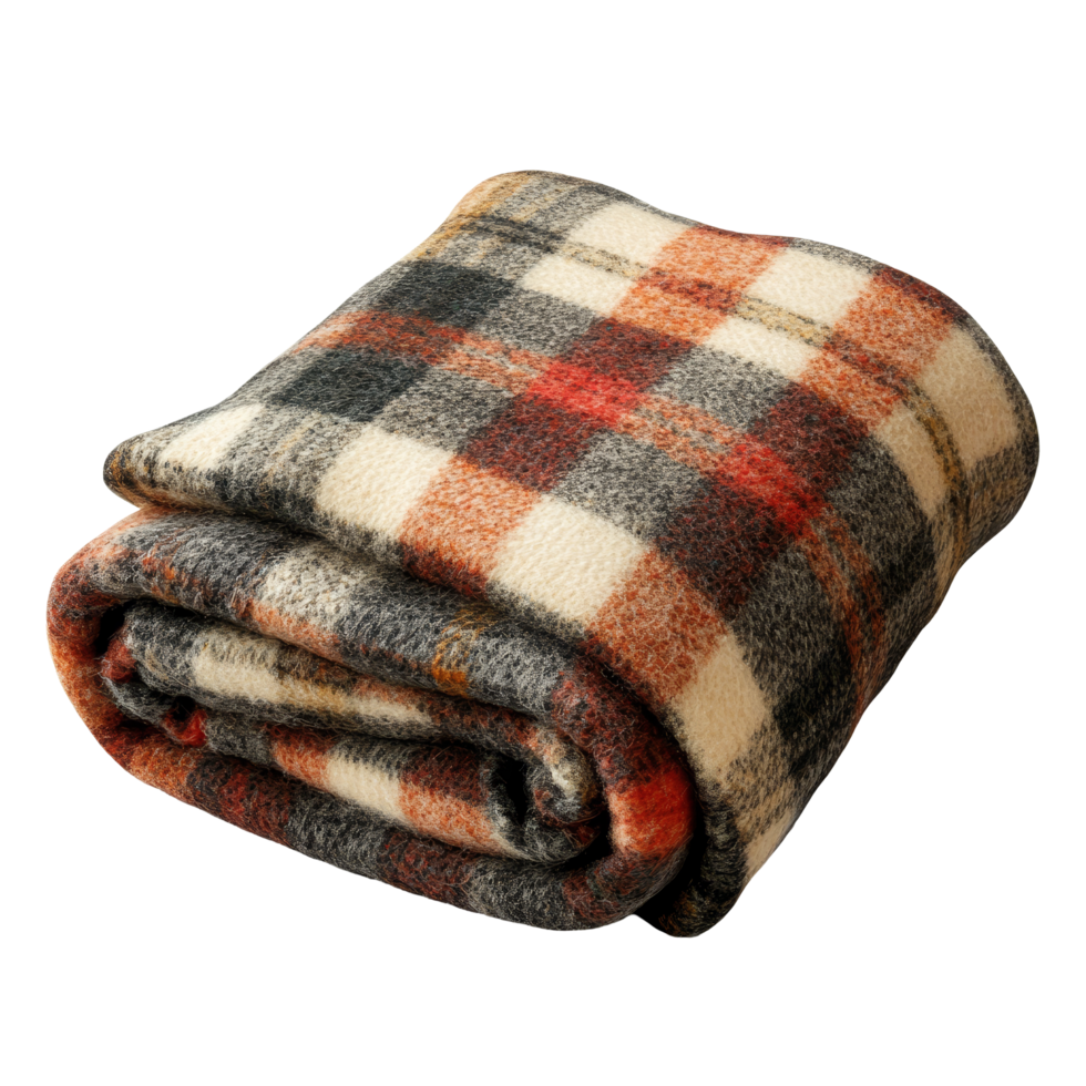 Cozy folded wool checkered plaid blanket perfect for chilly evenings by the fireplace, folded warm wool checkered plaid blanket, file of isolated object with shadow on transparent background png