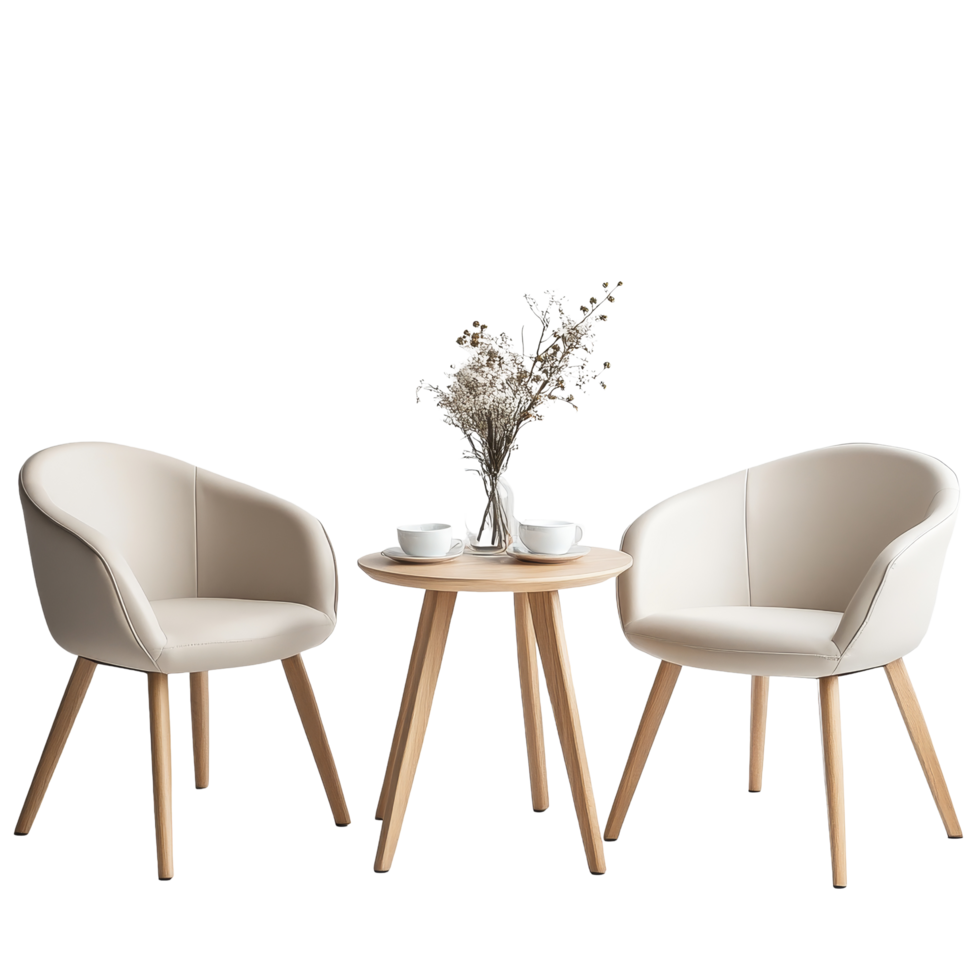 Cozy chairs and a wooden table adorned with flowers create a welcoming space in a minimalist setting, Cozy Chairs and Table on transparent background png