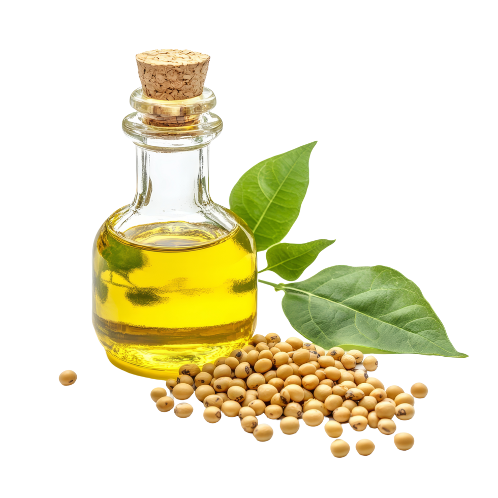 A glass bottle of soybean oil alongside raw soybeans and green leaves on a transparent background, Oil bottle and soybean on transparent background png