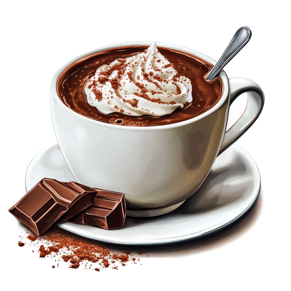 Delicious hot chocolate topped with whipped cream served with chocolate squares on a transparent background, Delicious hot chocolate on transparent background png
