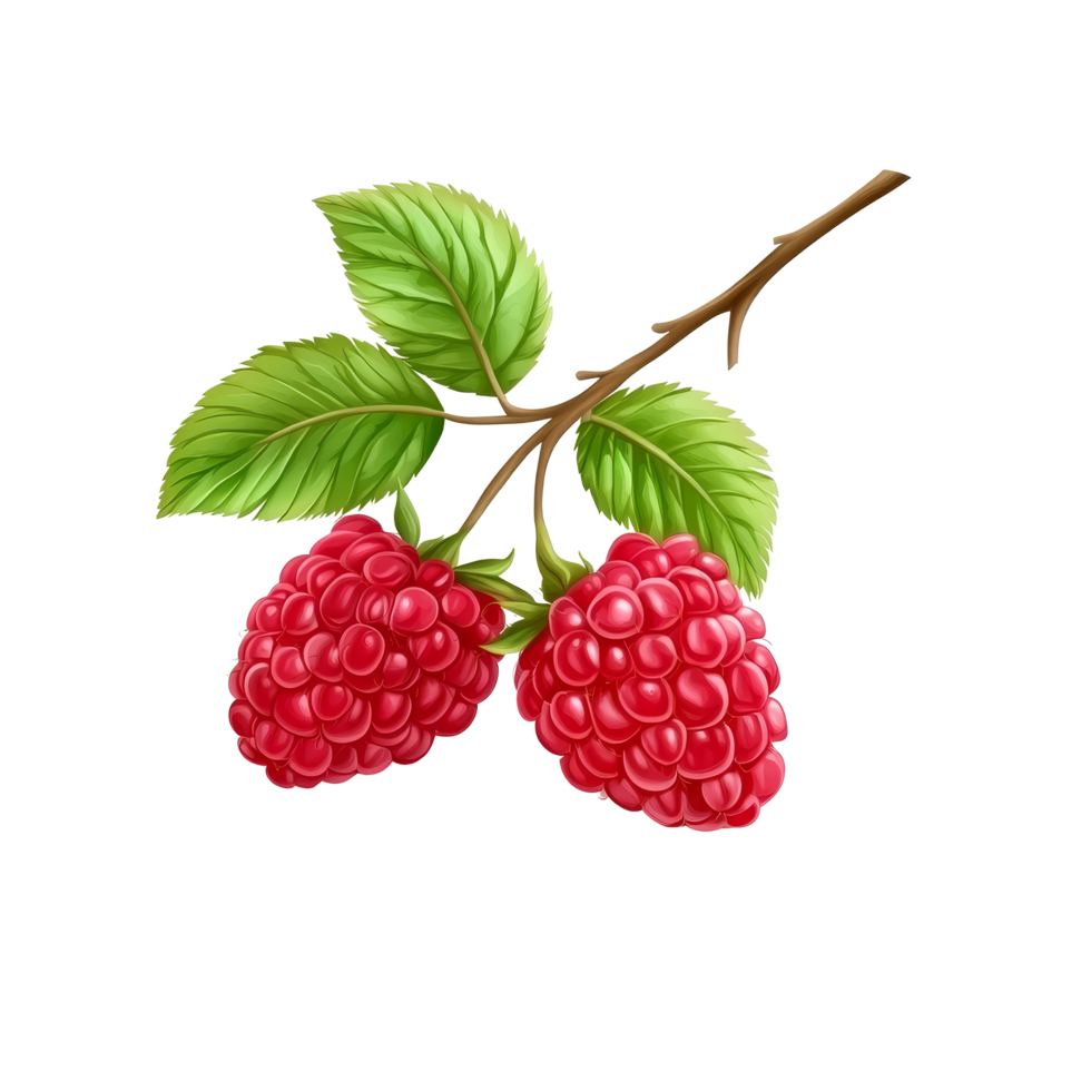 Fresh raspberry branches with ripe fruit and vibrant green leaves isolated on a transparent background, Two raspberry branches are isolated on a transparent background. Raspberry fruits branch png