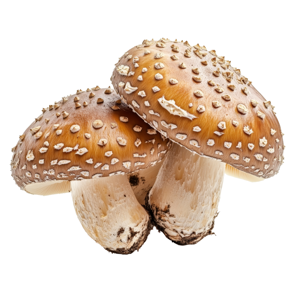 Two fresh mushrooms with distinctive caps showcasing unique textures against a clean transparent background, Multiple mushrooms isolated on transparent background png