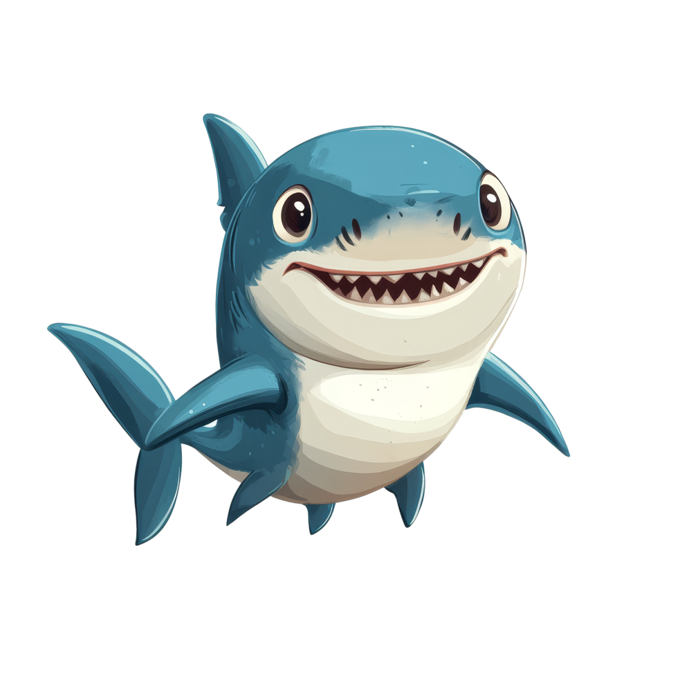 Adorable cartoon shark character swimming cheerfully against a clean, transparent background, perfect for childrens illustrations, cute shark comic cartoon character isolated on transparent background png