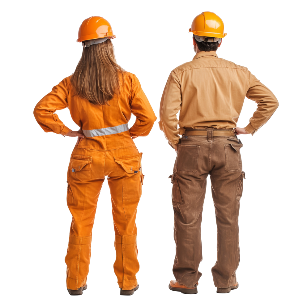 Couple dressed in construction attire standing back to back, showcasing work gear on transparent background during daytime, Couple in Construction Attire Back View Isolated on transparent background png