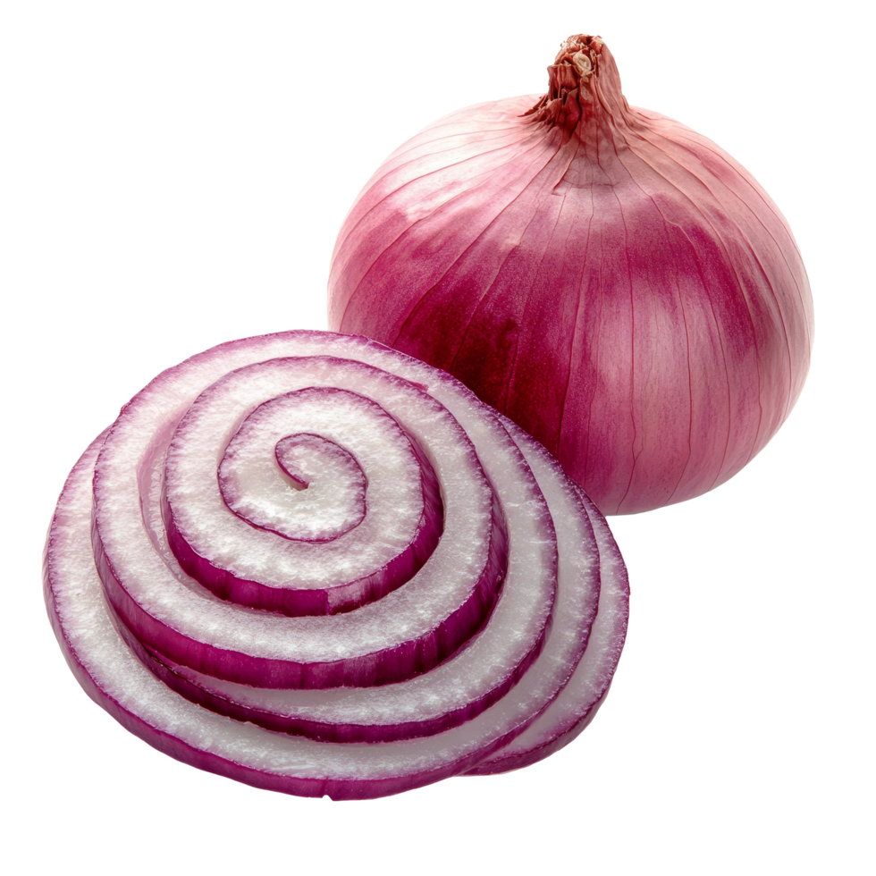 Freshly sliced red onion with whole onion on a pristine transparent background ready for culinary use or presentation, Red sliced onion isolated on transparent background png