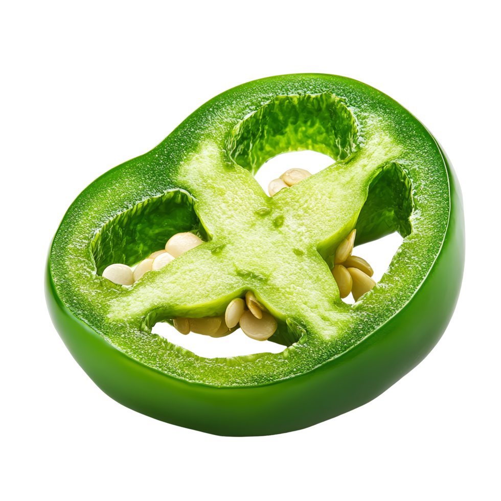 Freshly sliced green pepper on a clean transparent background showcasing its vibrant color and inner texture details, Slice green pepper isolated on transparent background png