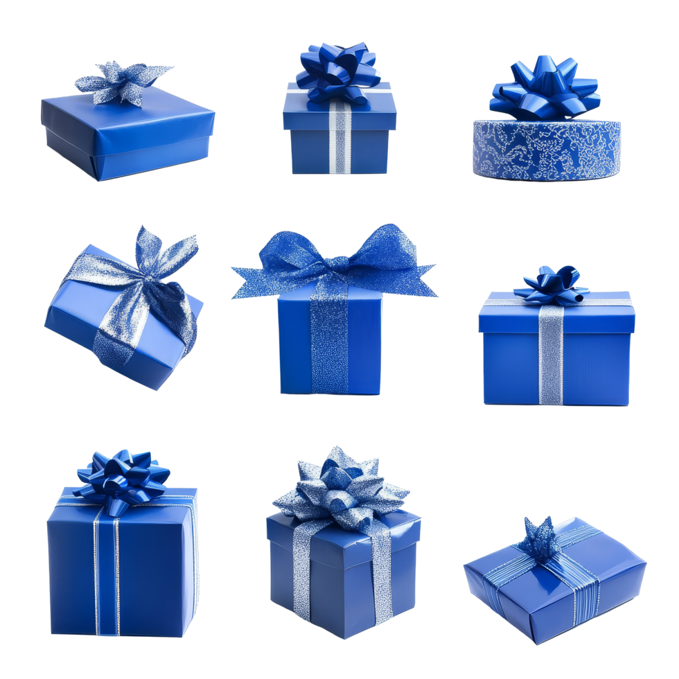 Collection of various blue gift boxes with bows isolated on a transparent background for festive occasions and celebrations, Various of blue gift boxes isolated on transparent background. png