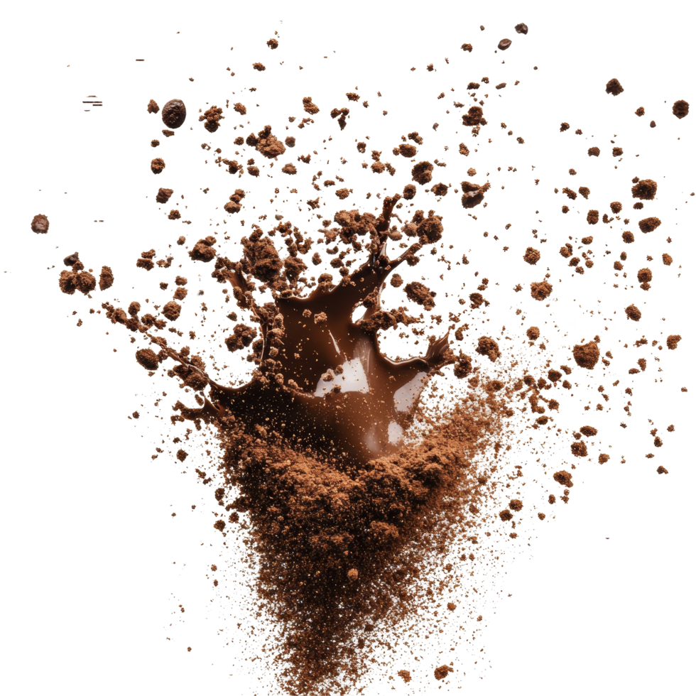 Dynamic splash of coffee powder captured against a clean transparent background showcasing rich texture and movement, Coffee powder splash isolated on transparent background Stock Photo png