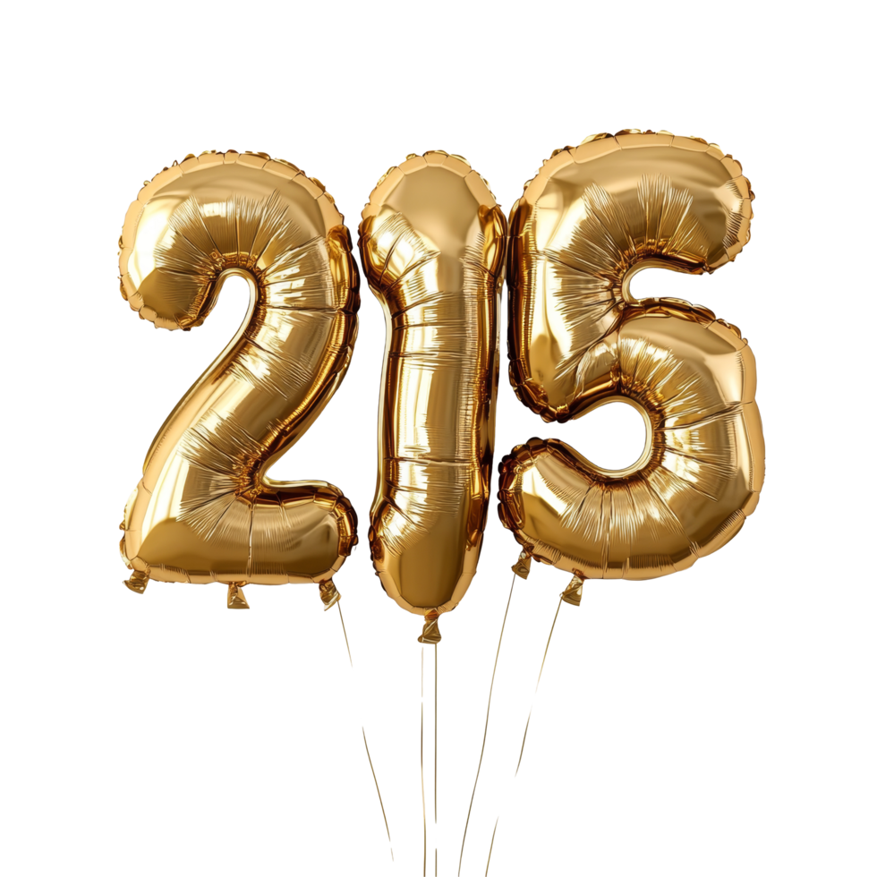 Gold balloons shaped as the number 215 for a New Years celebration in a festive setting, 3D Gold Balloons Shaped as 2025 for New Year Celebration on transparent background png