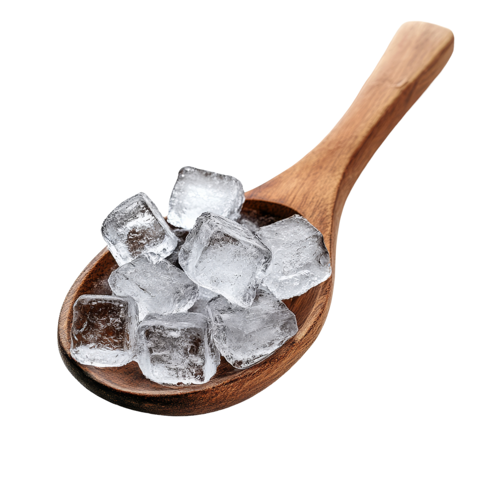 Wooden spoon filled with clear ice cubes resting on a clean transparent surface for refreshing drinks, ice cubes in the wood spoon on transparent background png