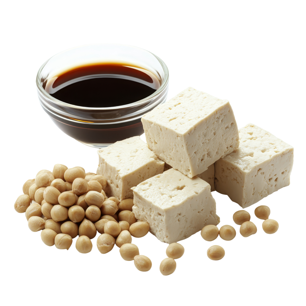 Fresh tofu cubes and soybeans arranged neatly on a transparent background with a bowl of soy sauce in the foreground, tofu and soy isolated on transparent background png