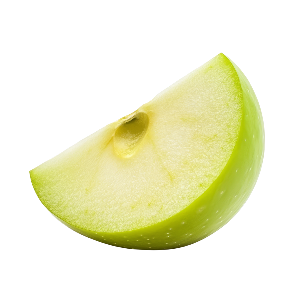 A fresh slice of green apple resting on a clean transparent background, highlighting its vibrant color and texture, piece of green apple on transparent background png