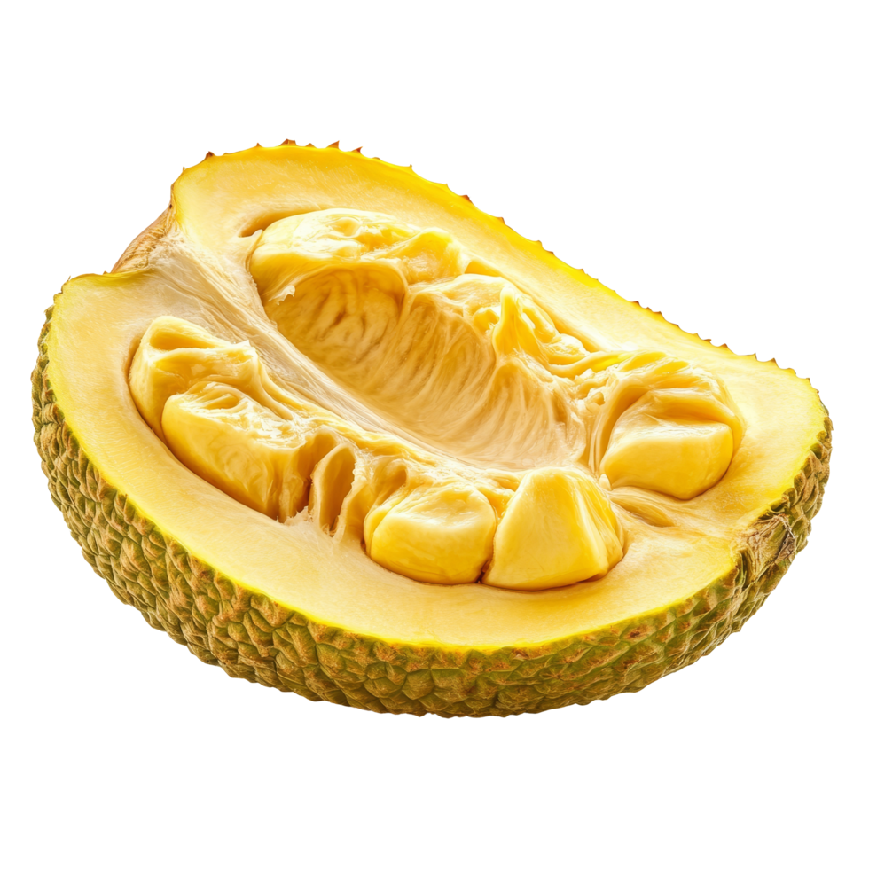 Half jackfruit resting on a transparent background showcasing its unique texture and distinct yellow flesh, ripe half Jackfruit isolated on transparent background png