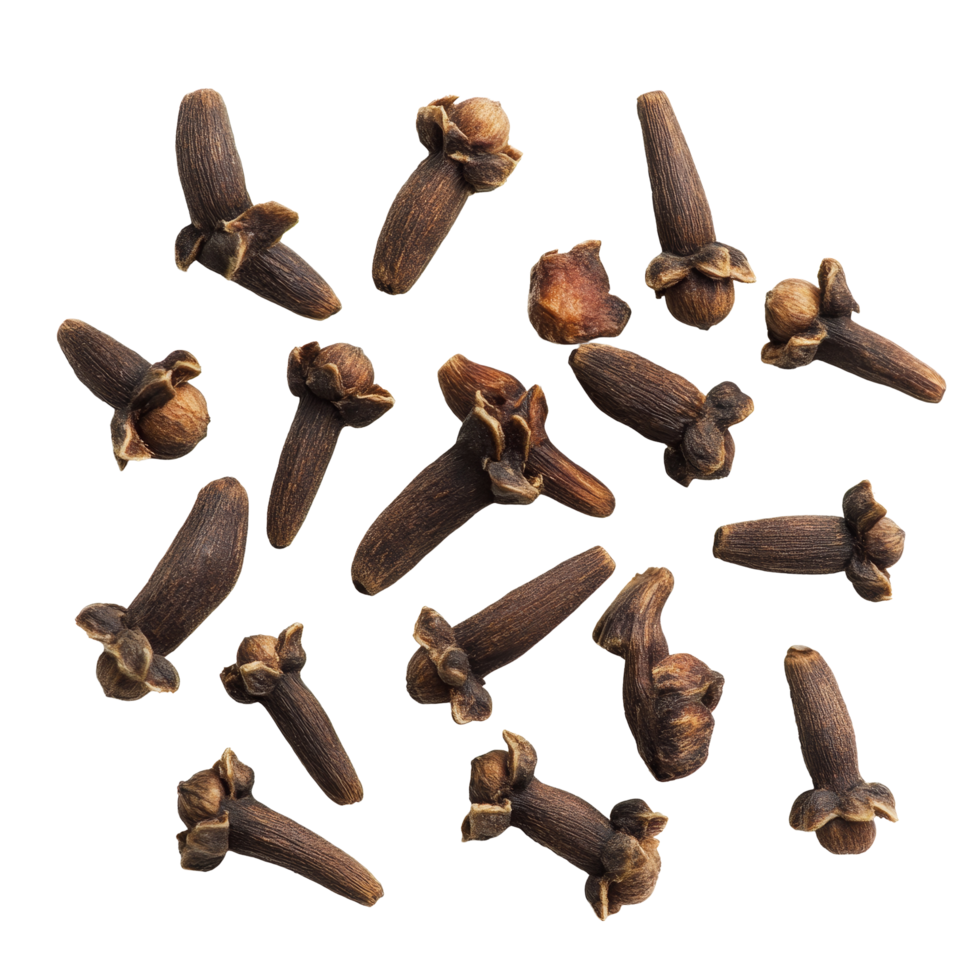 Fresh cloves arranged on a clean transparent background showcasing their distinctive shapes and rich color, ideal for cooking or decoration, cloves on transparent background png