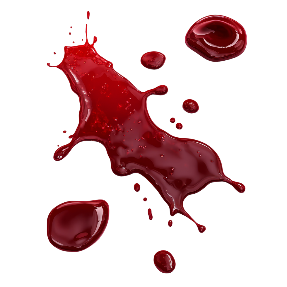 Gruesome depiction of red blood splashes and droplets on a transparent surface in a dramatic crime scene layout, Red Blood Splashes, Gruesome Crime Scene Elements Isolated on transparent background png