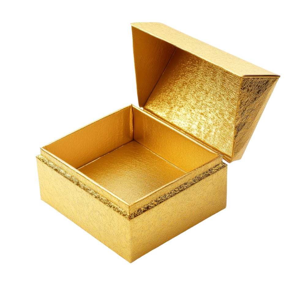 Elegant gold open gift box isolated on a transparent background for special occasions or celebrations, Gold open gift box isolated on transparent background png