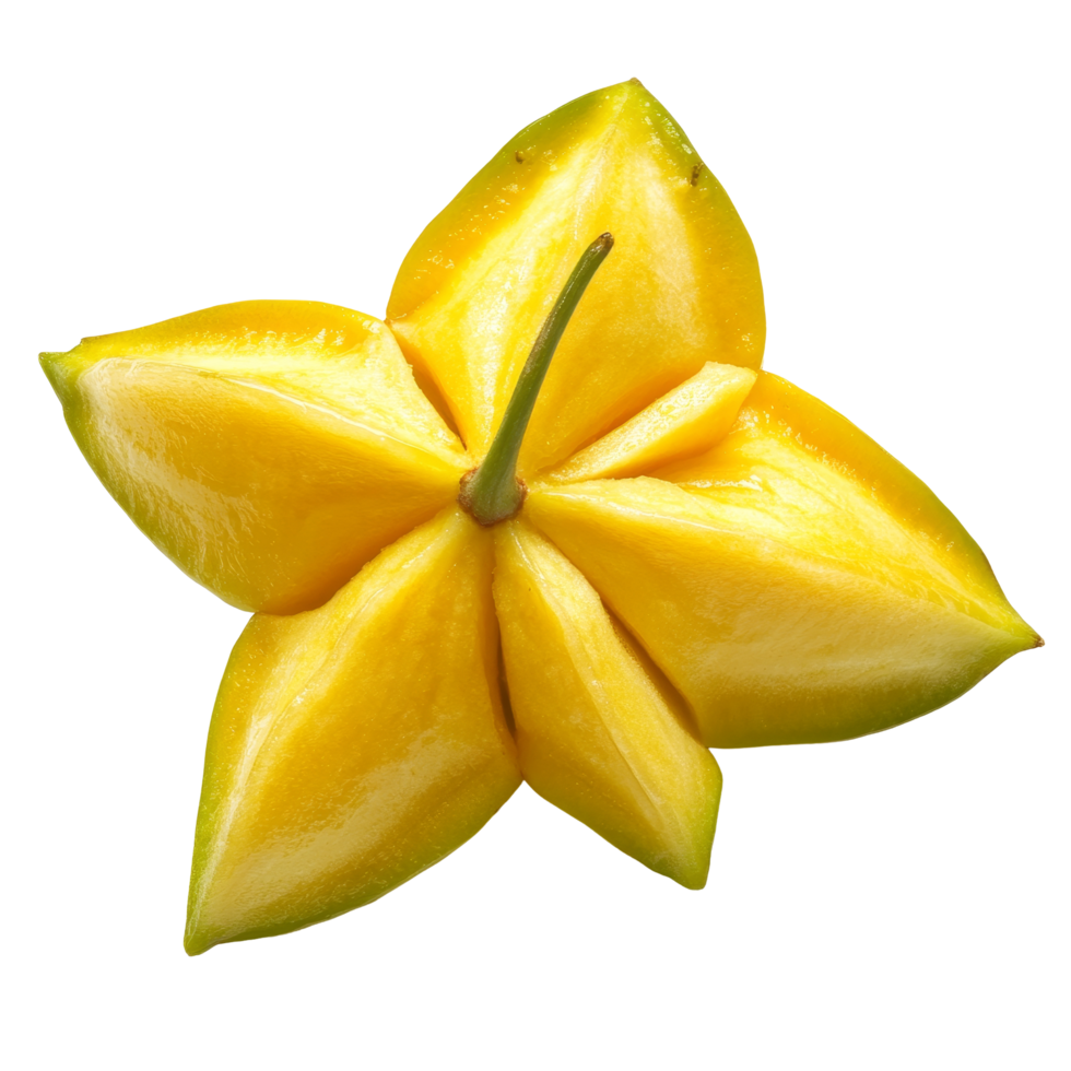 Fresh carambola star fruit isolated on a transparent background showcasing its unique star shape and vibrant color, carambola star fruit isolated on transparent background png