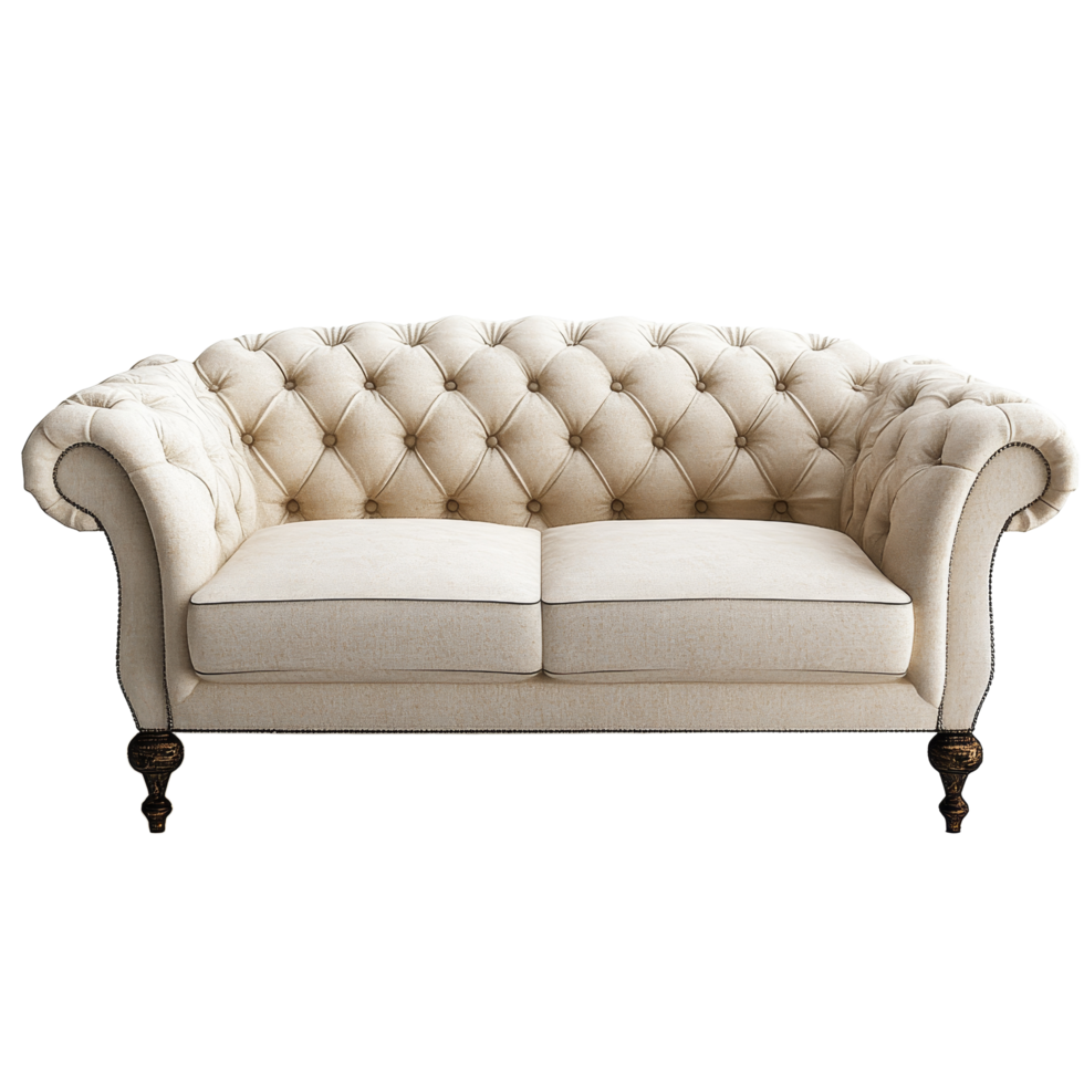 Elegant tufted sofa in cream fabric with wooden legs, isolated on a bright transparent background for design showcase, sofa isolated on transparent background png