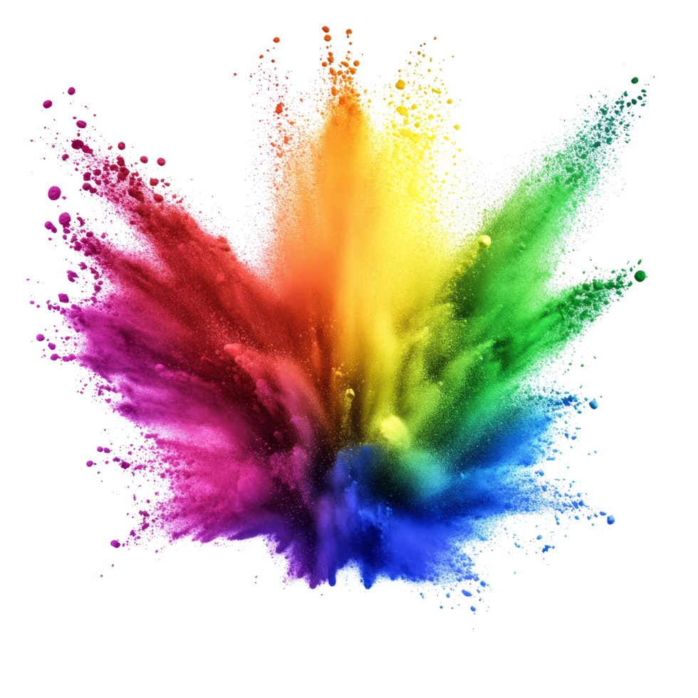 Vibrant rainbowcolored paint powder splashes into the air in a dynamic display of color and creativity, rainbow colored paint powder splash isolated png