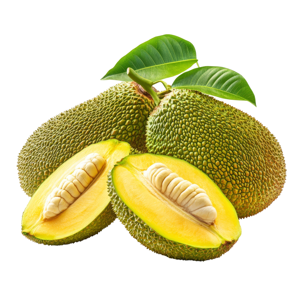 Young jackfruits displayed on a transparent background showcasing their vibrant green exterior and unique inner texture, young jack fruits on transparent background png