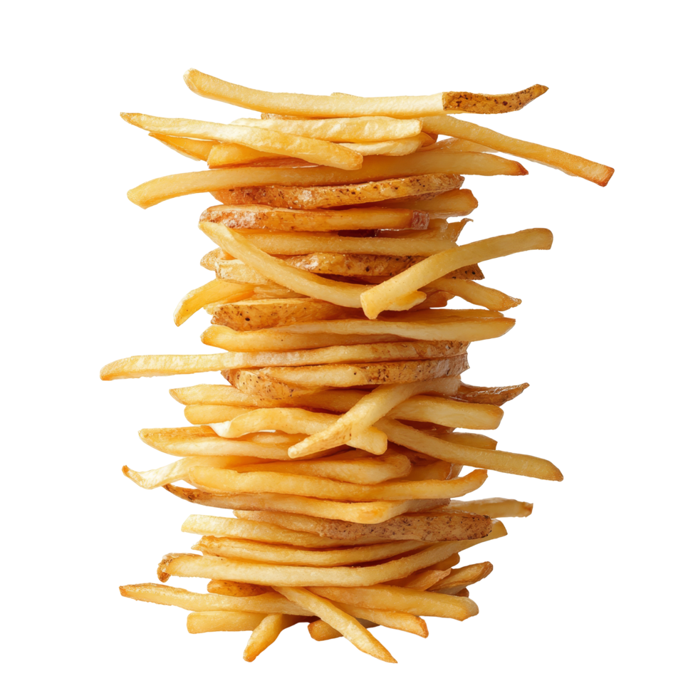 A deliciously tall stack of golden french fries arranged for a tempting display in a bright setting, Stacked french fries isolated png