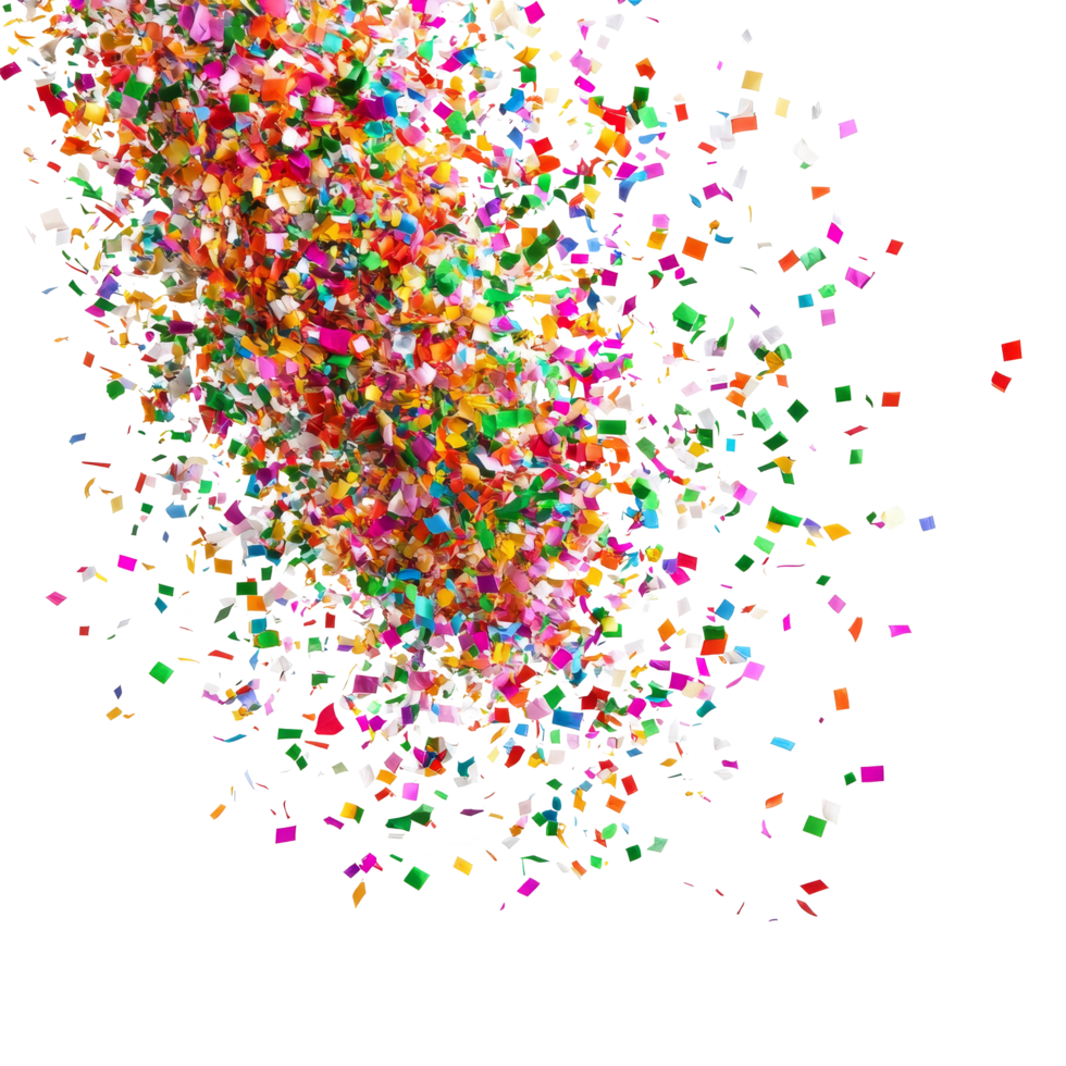 Colorful confetti bursts from above creating a vibrant display against a transparent background for festive celebrations, Colorful confetti bursting isolated png