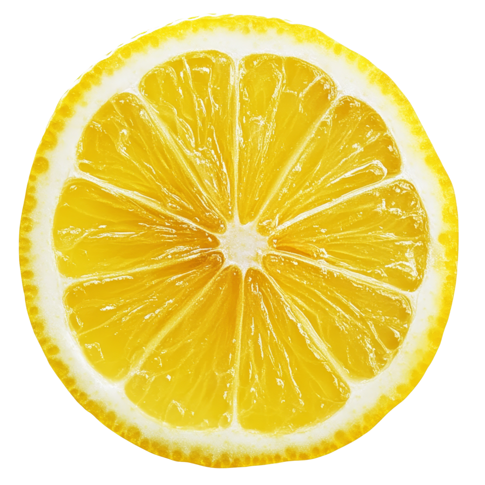 Sliced lemon with vibrant yellow flesh against a clean transparent background, lemon slice isolated png