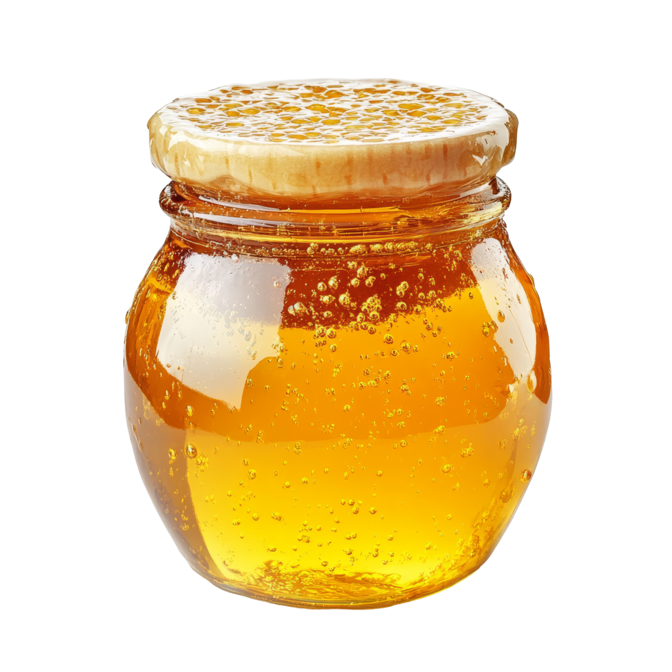 Natural honey in a glass jar with honeycomb lid on a transparent background ready for culinary use and health benefits, honey isolated on transparent background png