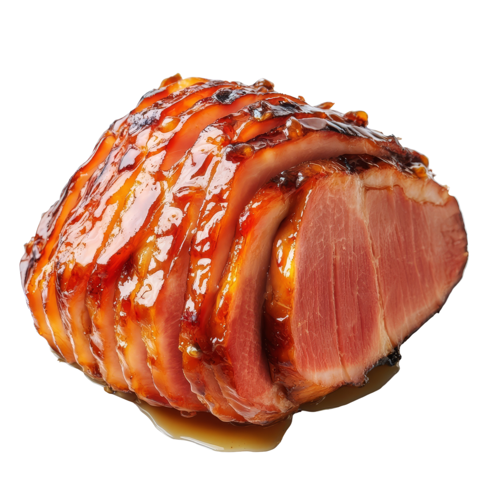 Delicious honey glazed ham sliced and presented on a clean transparent background for a festive meal, Tasty food honey glazed ham on a transparent background png