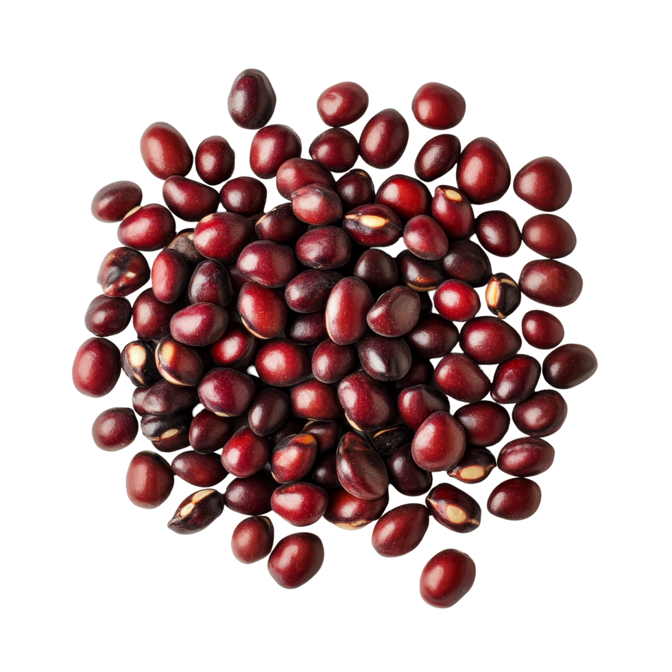 Fresh adzuki beans arranged neatly on a transparent background showcasing their vibrant color and texture, red beans adzuki isolated on transparent background png
