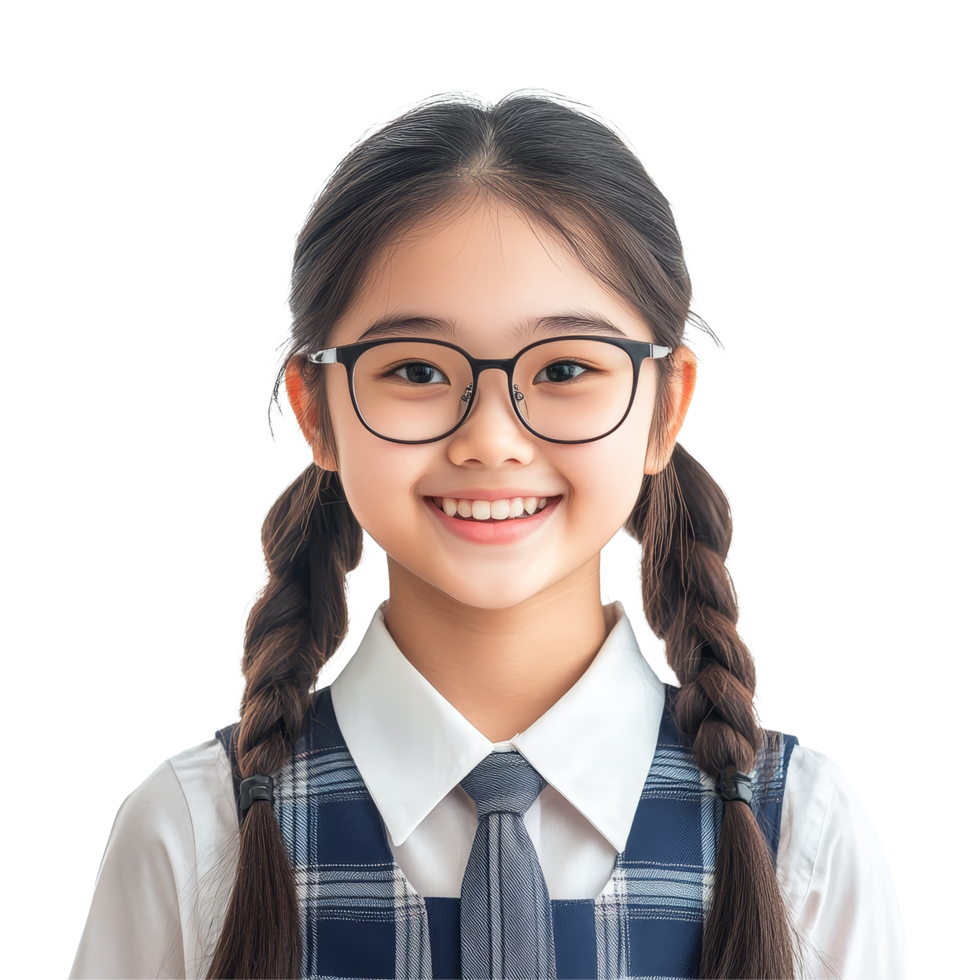 Cheerful young Asian student girl with glasses in school uniform smiles brightly at the camera, Portrait of Happy young Asian student girl in school uniform isolated transparent background png